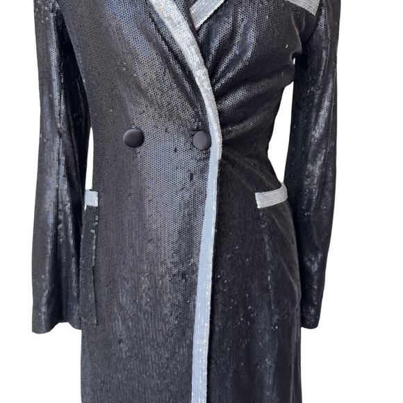 L'AGENCE Marlowe Sequined Trimmed Long Coat Black Silver Size 4 - Picture 12 of 13